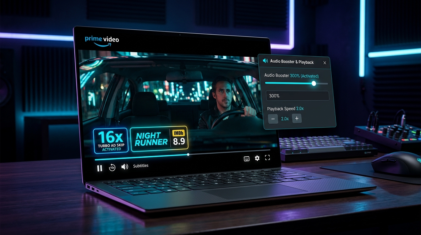 Prime Video Global Pro Suite - 16x Turbo Ad Skip, IMDb Ratings, and Audio Booster in Action