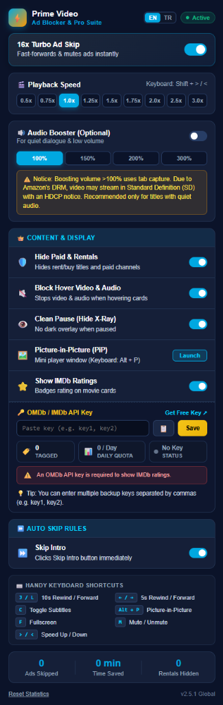 Prime Video Ad Blocker & Pro Suite Settings Popup Interface