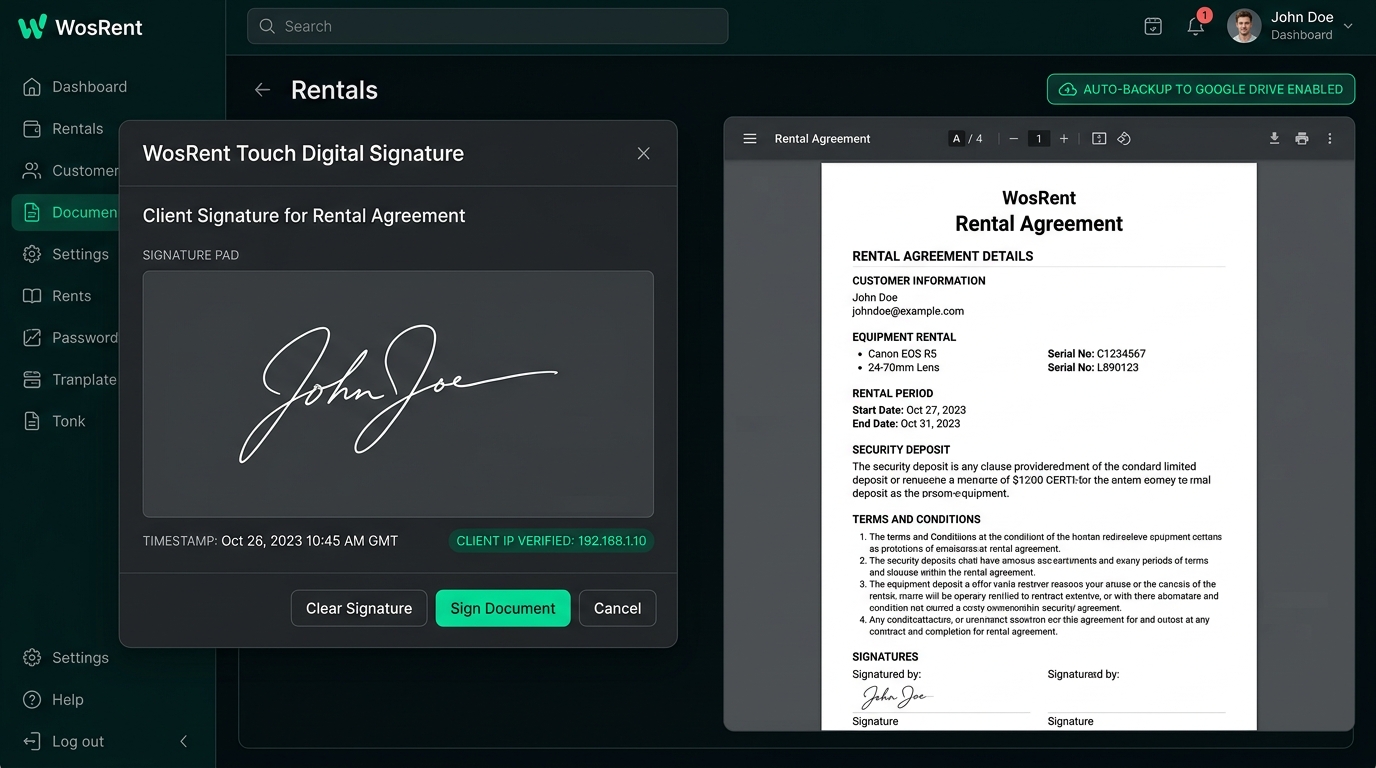 WosRent Touch Digital Signature Pad and Legal E-Contract PDF Generation