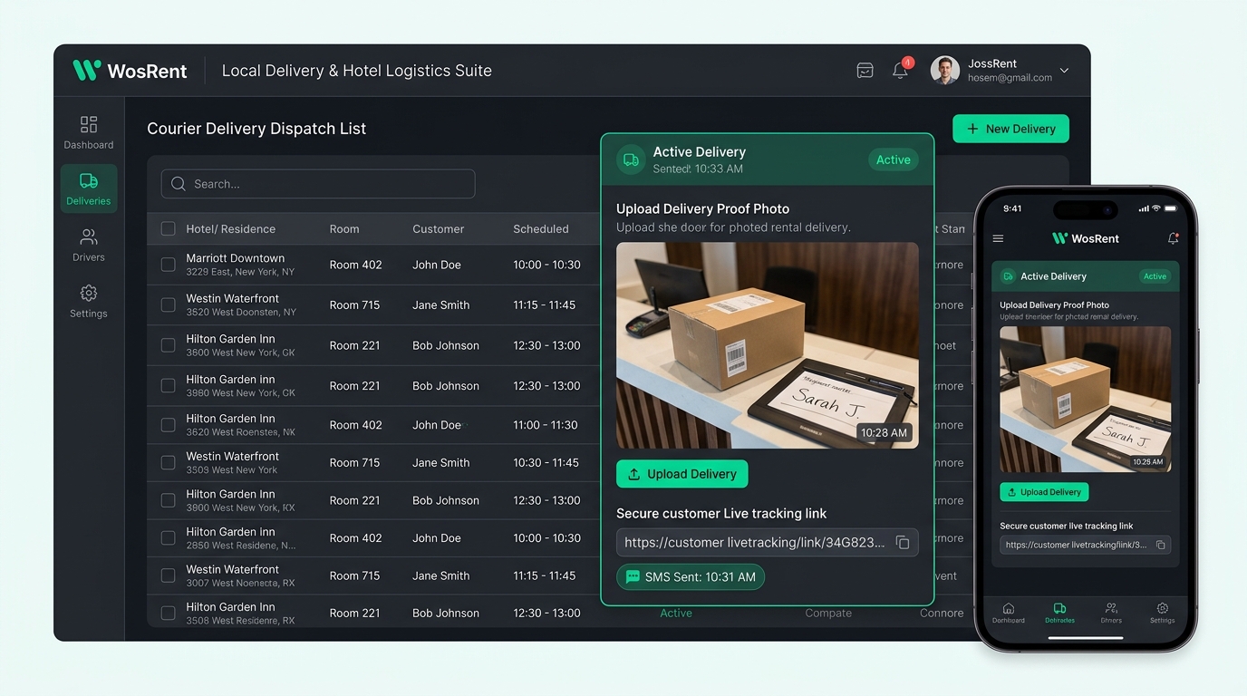WosRent Local Delivery Hotel Logistics and Mobile Driver Interface